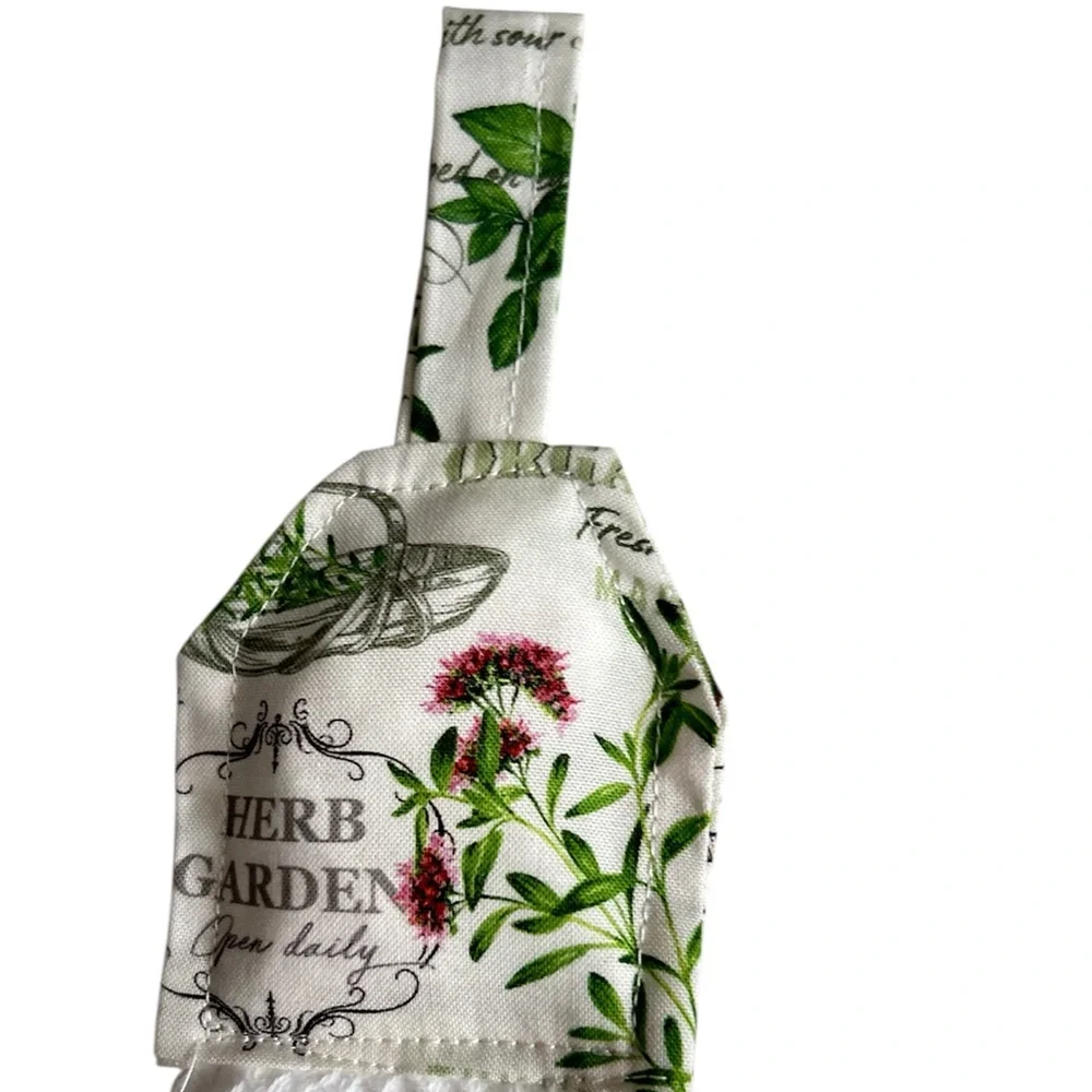 Hand Crafted Garden Herbs White Hanging Kitchen Hand Towel 100% Cotton